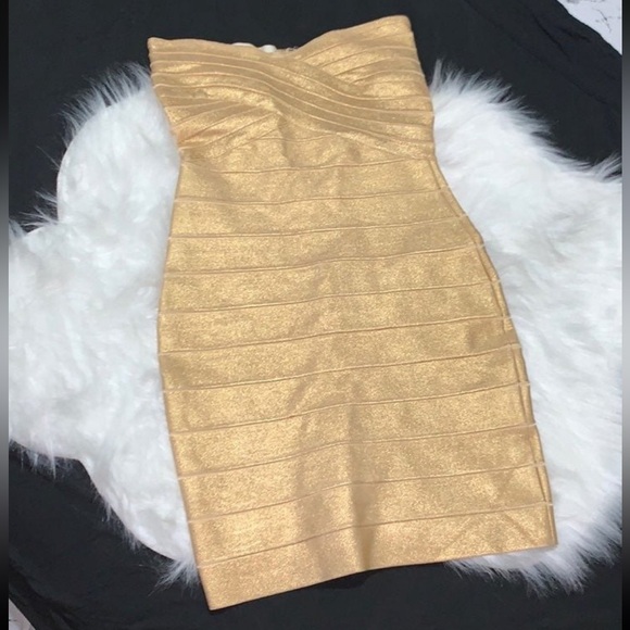 Herve Leger Metallic Gold Dress Bodycon Rayon - Picture 2 of 8
